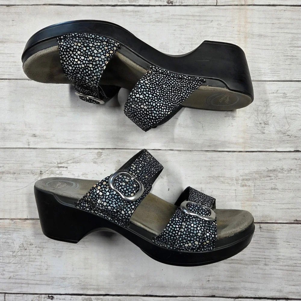 Dansko Wedge Sandal Women 38(7.5) Black Blue Stingray Pebbled Buckle Slide Shoes